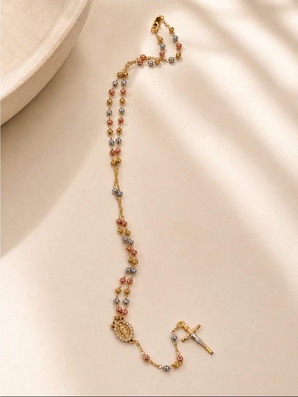 Tri-Color Rosary Necklace with Gold Crucifix